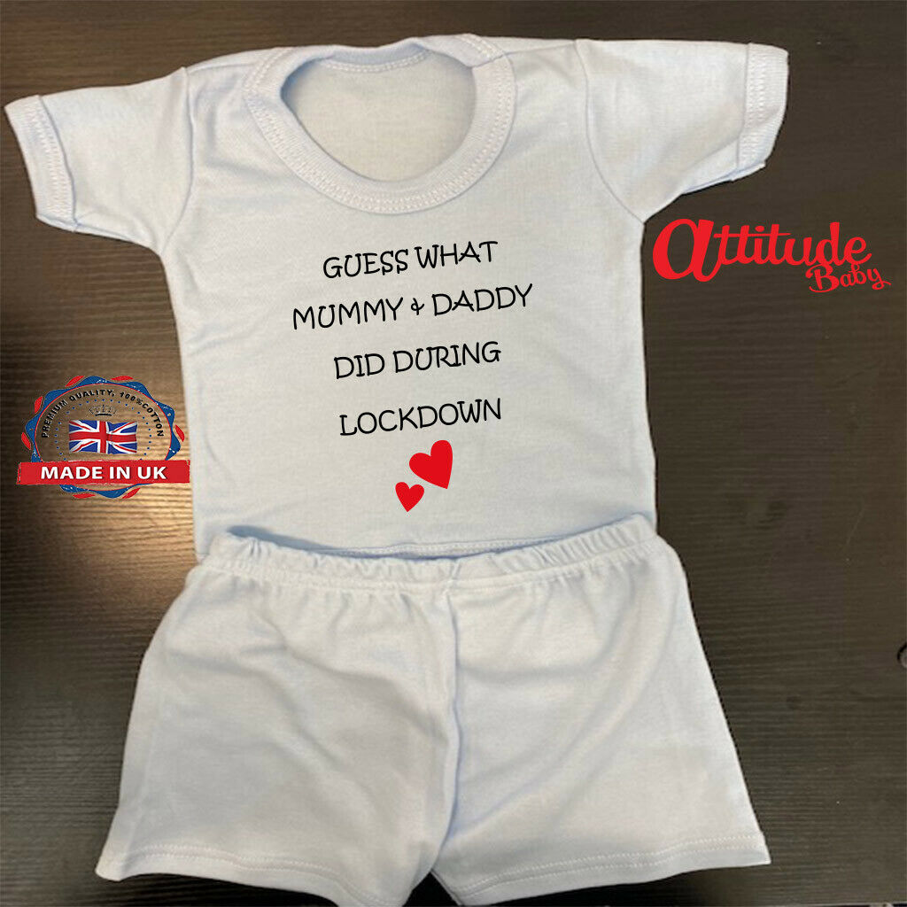 Plain White Baby Grows-Printed-Guess What Mummy And Daddy Did In Lockdown 