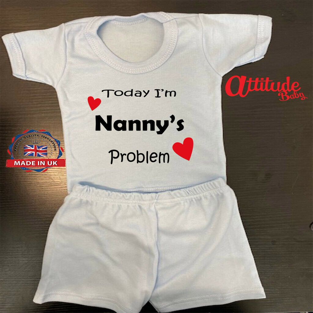 Funny Baby Shorts & T Shirt Set-Printed Baby Clothes-Im Nanny,s Problem  Today - Funny Baby Grows-Rock Band Baby Grows-Attitude Baby UK